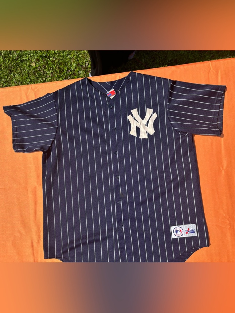 Majestic New York Yankees Navy Pinstripe Button-Up Jersey with White Logo